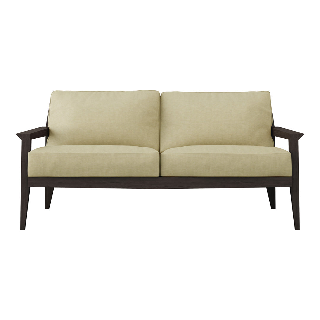 Light beige upholstered sofa with dark brown wooden legs, featuring a simple, modern design.