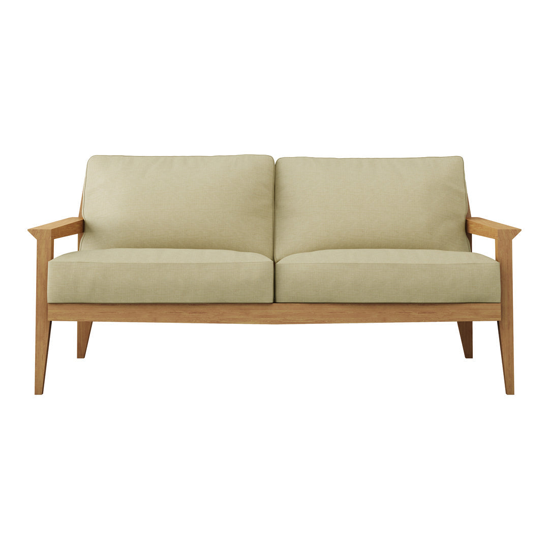 Light green fabric sofa with a minimalist design and natural wood armrests, offering a modern, cozy aesthetic.