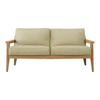 Light green fabric sofa with a minimalist design and natural wood armrests, offering a modern, cozy aesthetic.