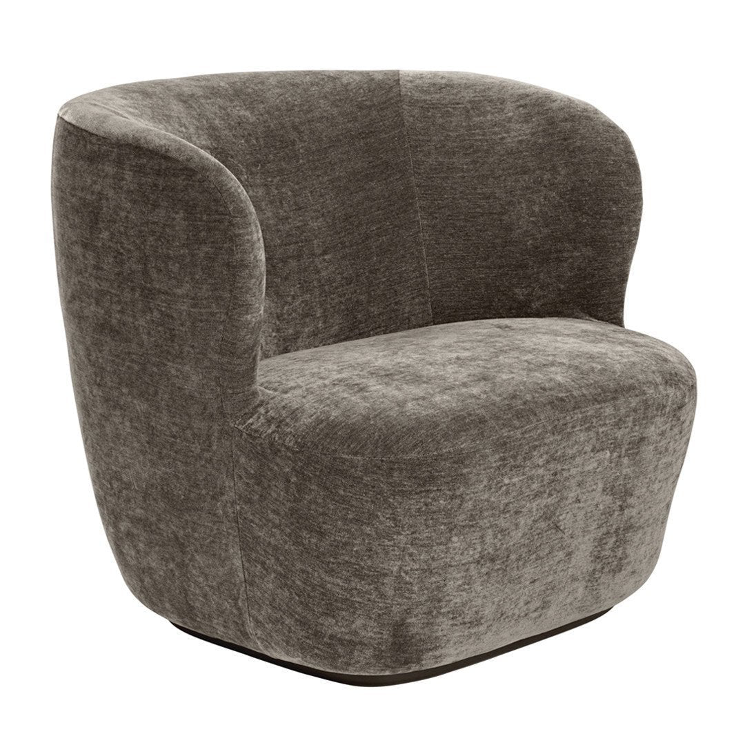 Soft gray upholstered armchair with a plush texture and modern round shape, perfect for contemporary decor.