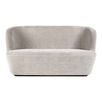 Light gray upholstered sofa with smooth, curved lines and a minimalist design. Perfect for modern living spaces.