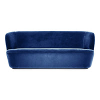 Elegant deep blue velvet sofa with a sleek, modern design and smooth, rich texture. Perfect for contemporary decor.