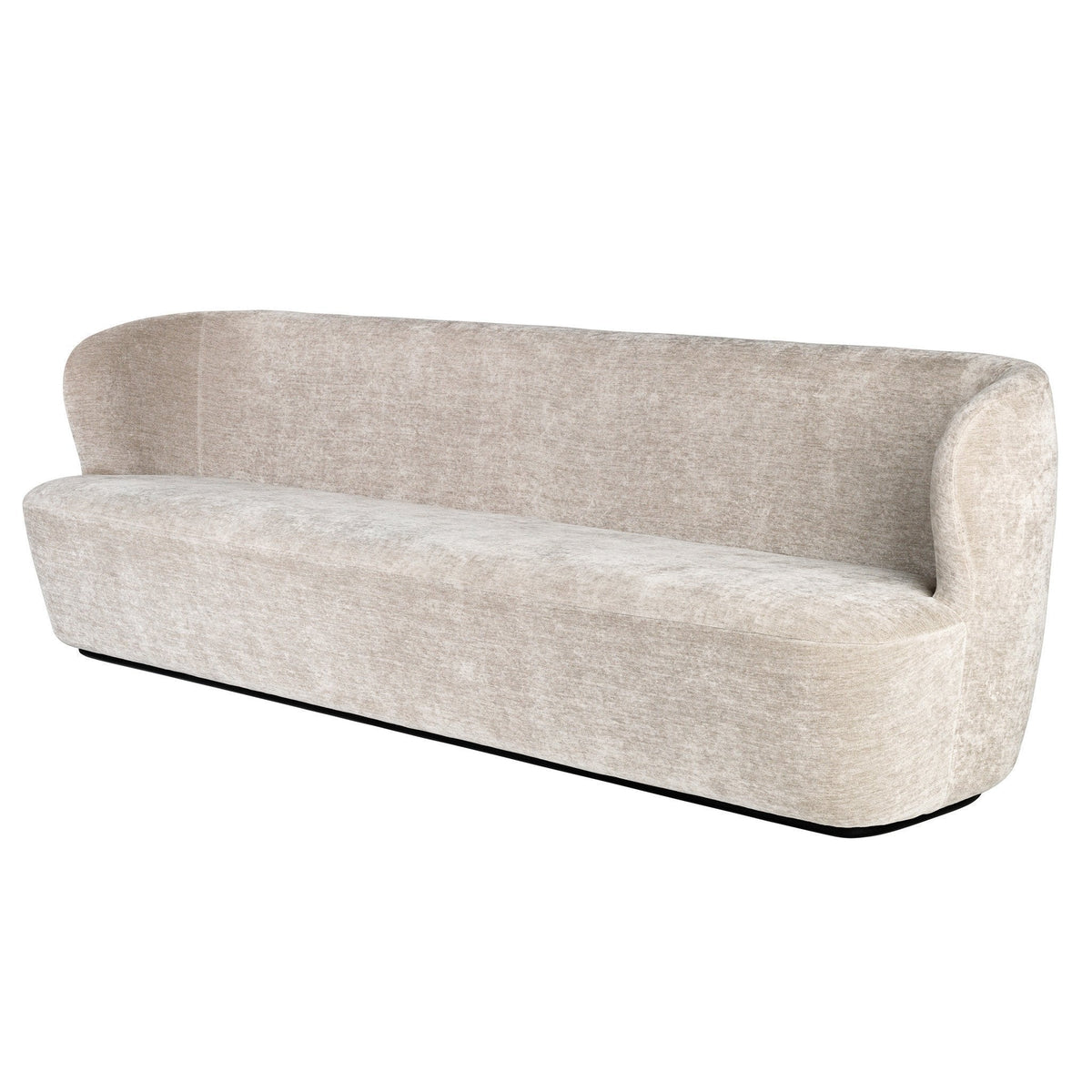 Beige sofa with a smooth texture and curved design, featuring a minimalist style and subtle elegance.