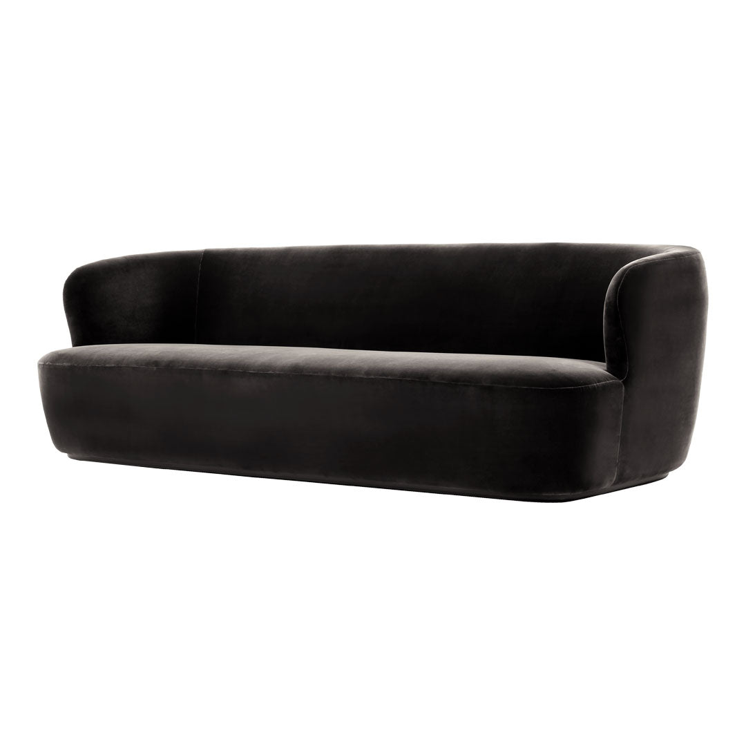 Black velvet modern sofa with a sleek, minimalist design and curved arms for a stylish look.