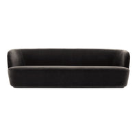 Elegant black velvet sofa with a smooth, minimalist design and slight curvature. Perfect for modern interiors.