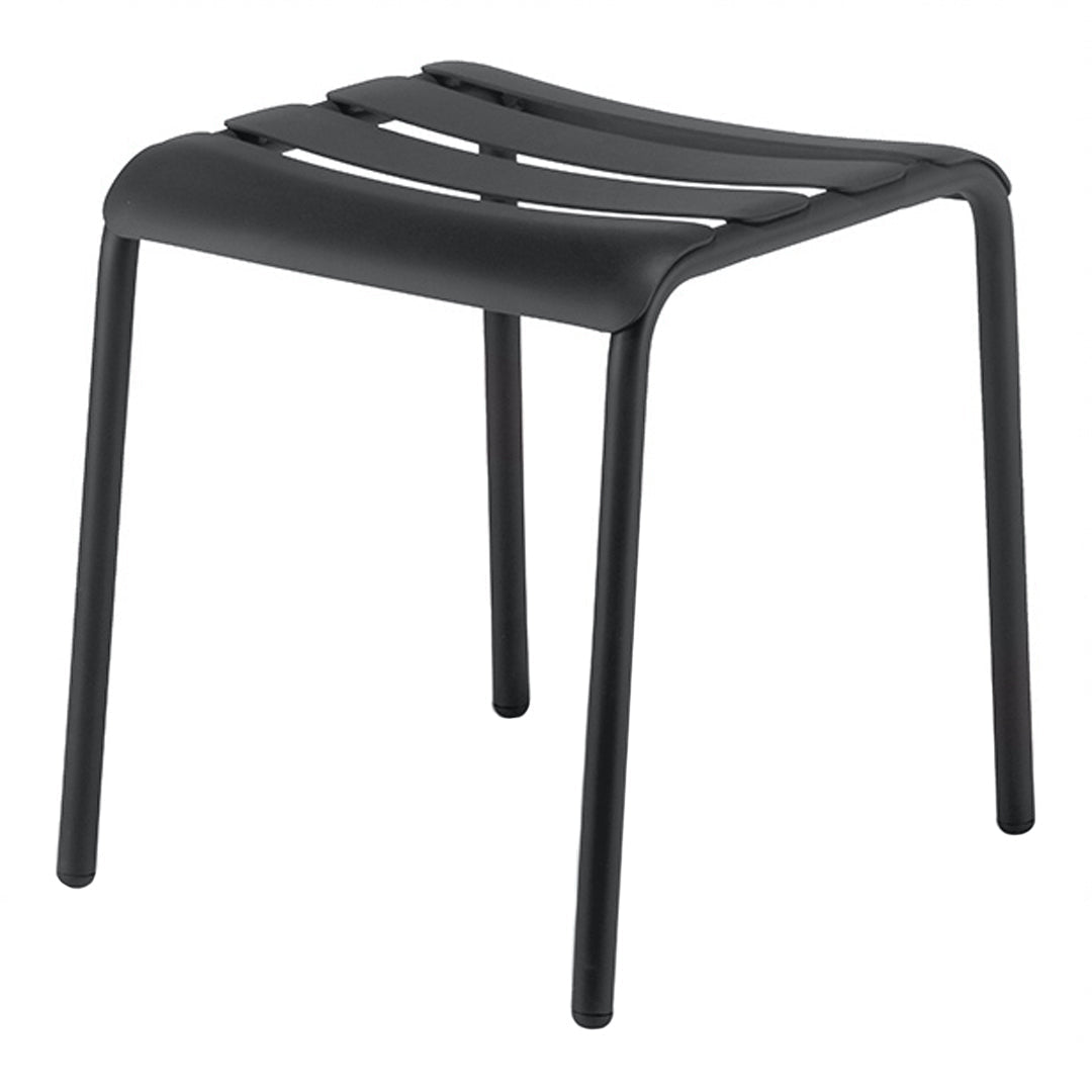 Black minimalist stool with a slatted seat design, perfect for modern decor and versatile use.
