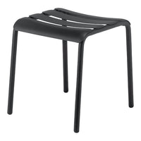 Black minimalist stool with a slatted seat design, perfect for modern decor and versatile use.