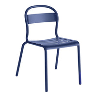 Blue metal chair with sleek, slatted design and curved backrest, perfect for modern decor.
