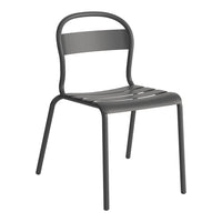 Gray metal chair with sleek slats and minimalist design, perfect for modern interior decor.