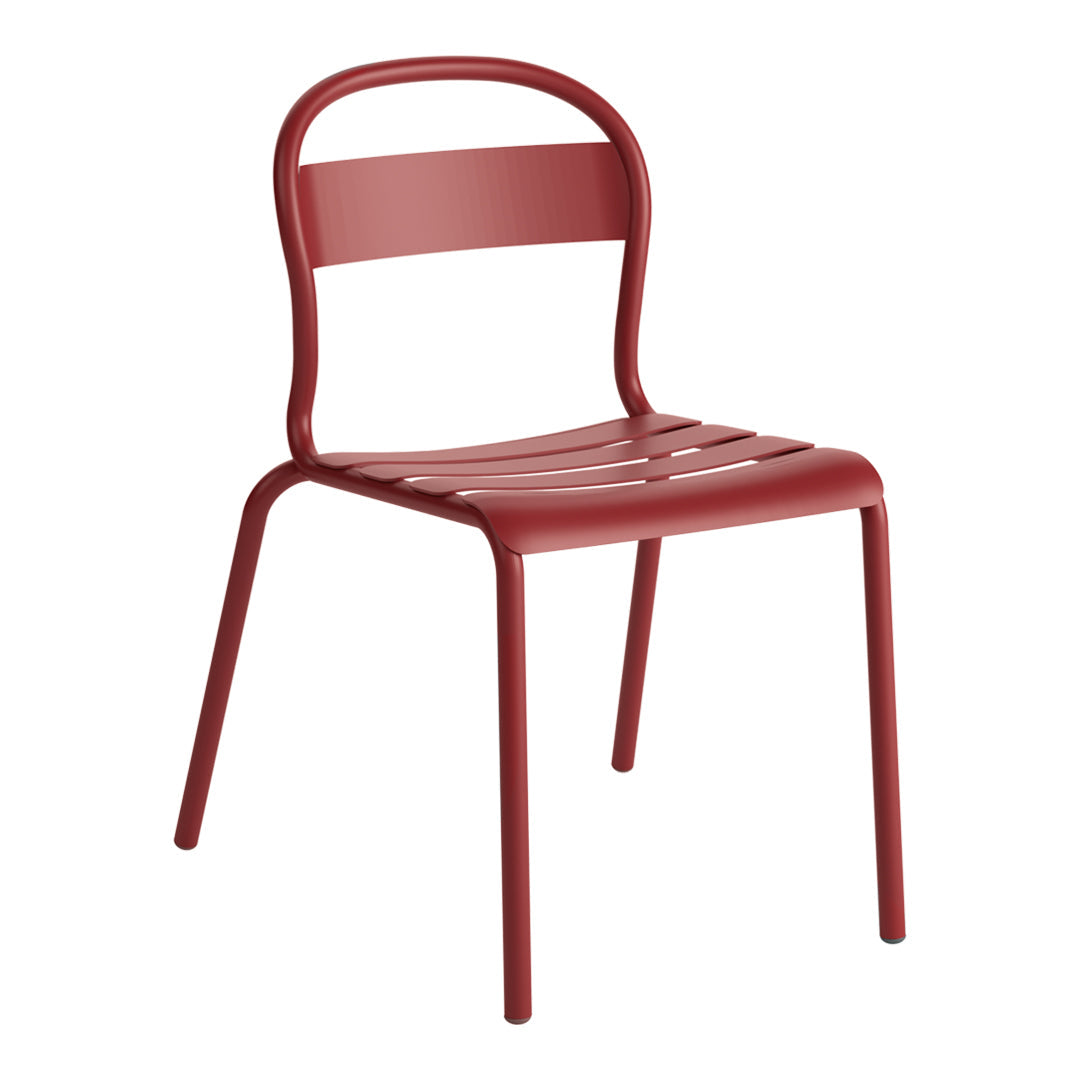 Red metal chair with sleek, curved lines and slatted seat design. Perfect for modern decor and outdoor spaces.