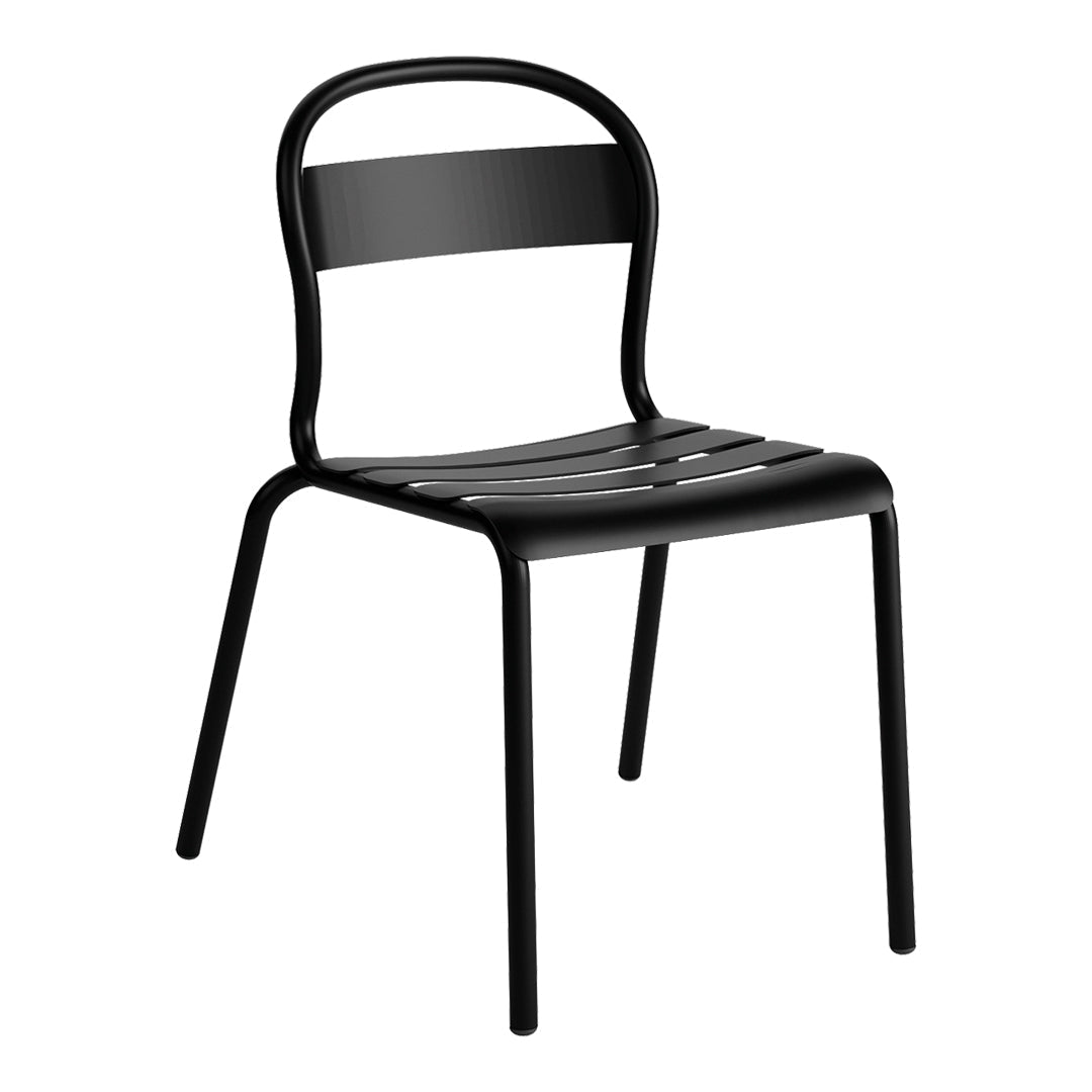 Black metal chair with a sleek design, featuring horizontal slats on the seat and a smooth backrest.