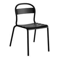 Black metal chair with a sleek design, featuring horizontal slats on the seat and a smooth backrest.