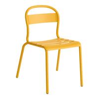 Bright yellow metal chair with sleek curves and horizontal slats for a modern look. Perfect for indoor or outdoor use.