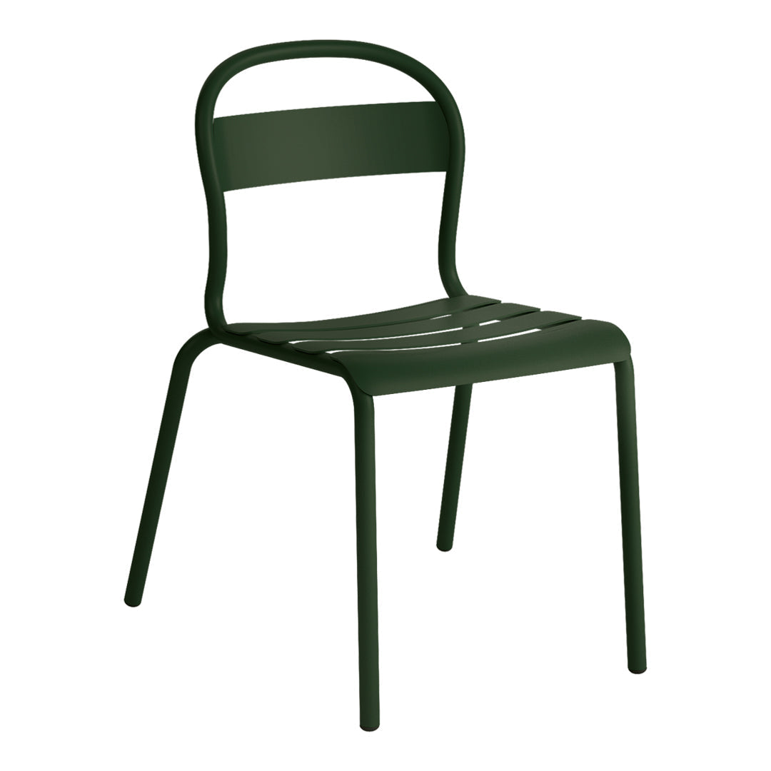 Dark green metal chair with a sleek, minimalist design and slatted seat and backrest. Perfect for modern decor.
