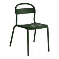 Dark green metal chair with a sleek, minimalist design and slatted seat and backrest. Perfect for modern decor.