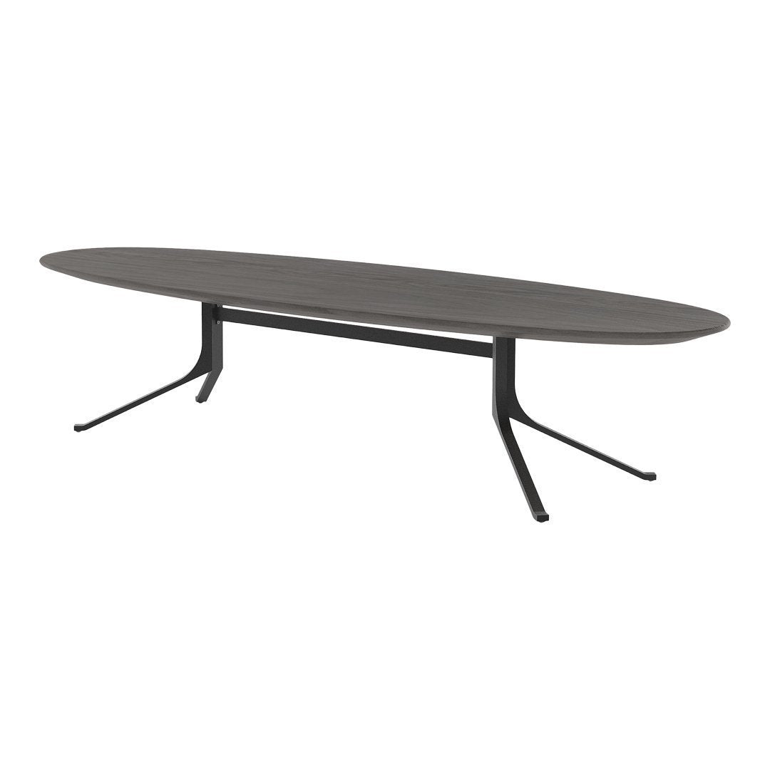 Sleek oval gray tabletop with black metal legs, featuring a modern minimalist design and smooth finish.