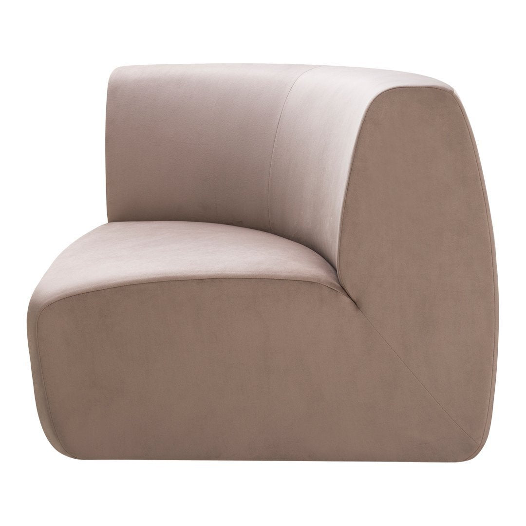 Curved sofa in soft taupe fabric with a smooth surface, perfect for modern and minimalist interiors.