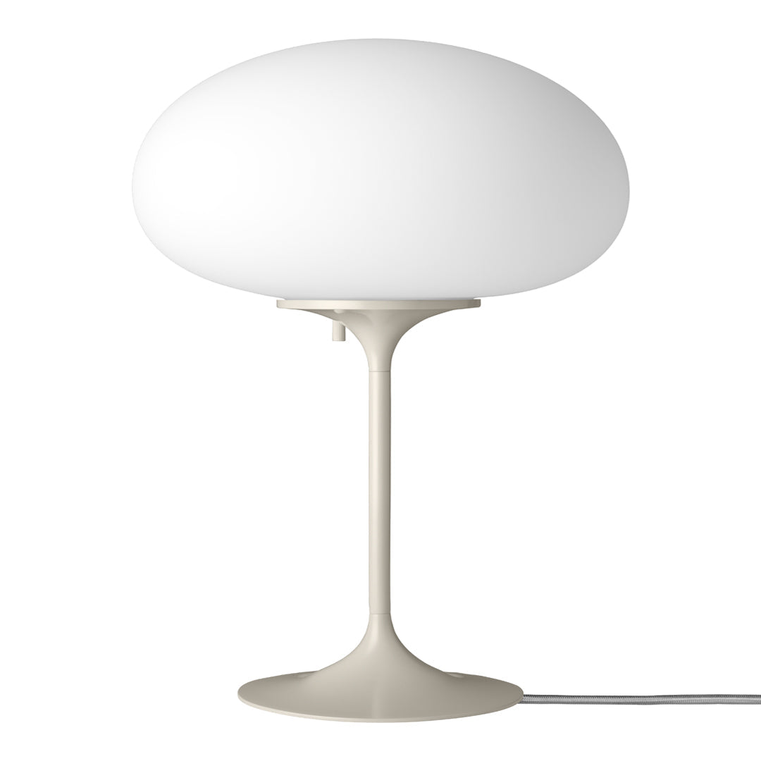 Modern white dome lamp with a soft, rounded design and a sleek, neutral beige base. Perfect for contemporary decor.