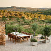 "Elegant outdoor dining set with brown cushions, white table, and green plants, set against a scenic landscape."