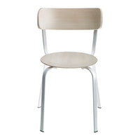 Light wood chair with a smooth finish and sleek chrome legs, showcasing a minimalist design without patterns.