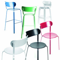 Colorful modern bar stools in blue, green, pink, black, and white with sleek, minimalist designs and smooth finishes.