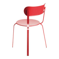 Red metal chair with a sleek, minimalist design and smooth, curved backrest. Ideal for modern decor.