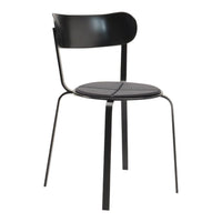 Black metal chair with a sleek, minimalist design and smooth surface, featuring a curved backrest and round seat.