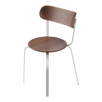 Brown wood seat and backrest with sleek white metal legs, modern minimalist design suitable for various interiors.