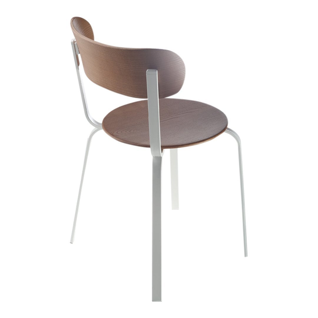 Modern chair in brown wood finish with sleek white metal legs, featuring a minimalist design and smooth curves.