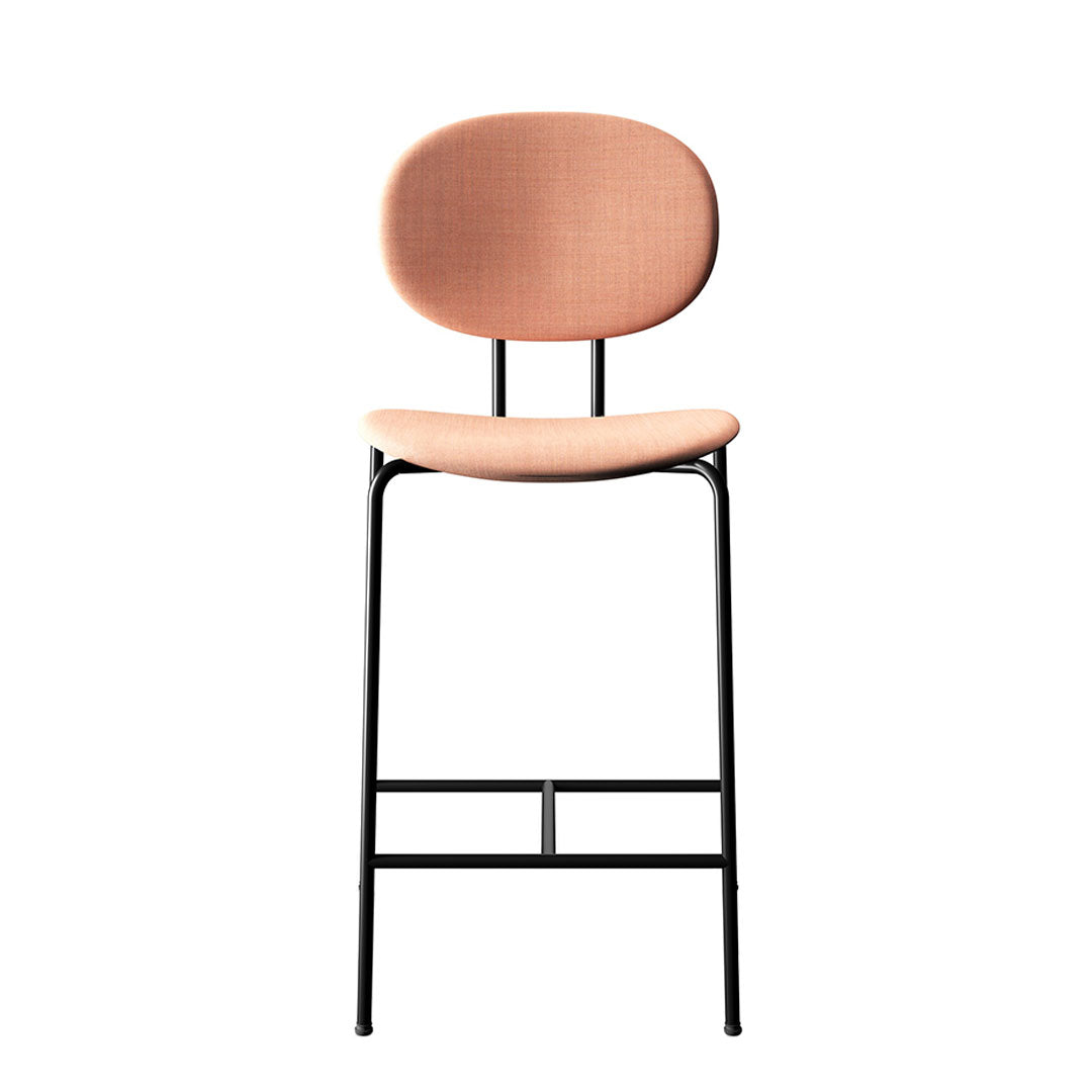 Pink upholstered bar stool with a sleek black metal frame, featuring a minimalist design.