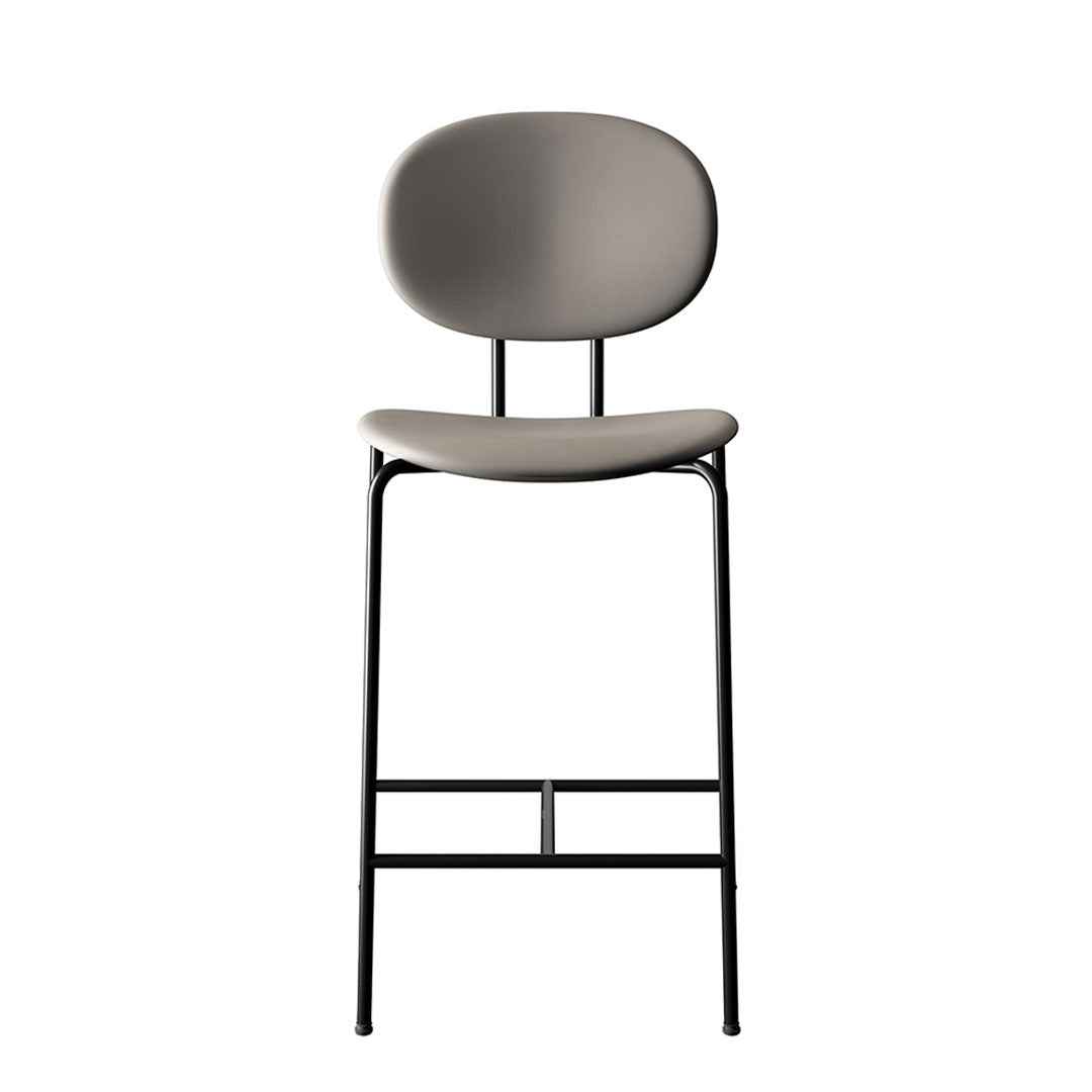 Gray upholstered bar stool with a sleek black metal frame, featuring a minimalist design and smooth curves.