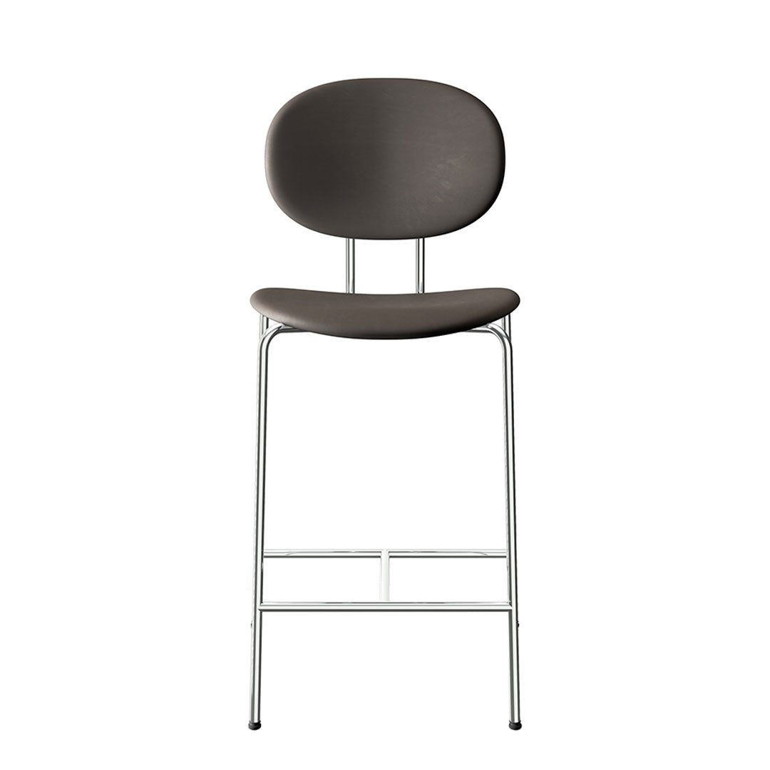 Sleek black upholstered bar stool with chrome legs, featuring a minimalist design and smooth, rounded contours.