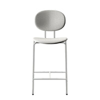 Gray upholstered barstool with a smooth texture and stainless steel legs, featuring a minimalist design.