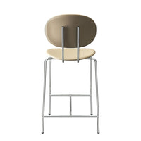 Beige and tan bar stool with a sleek chrome frame and smooth, rounded backrest. Modern, minimalist design.
