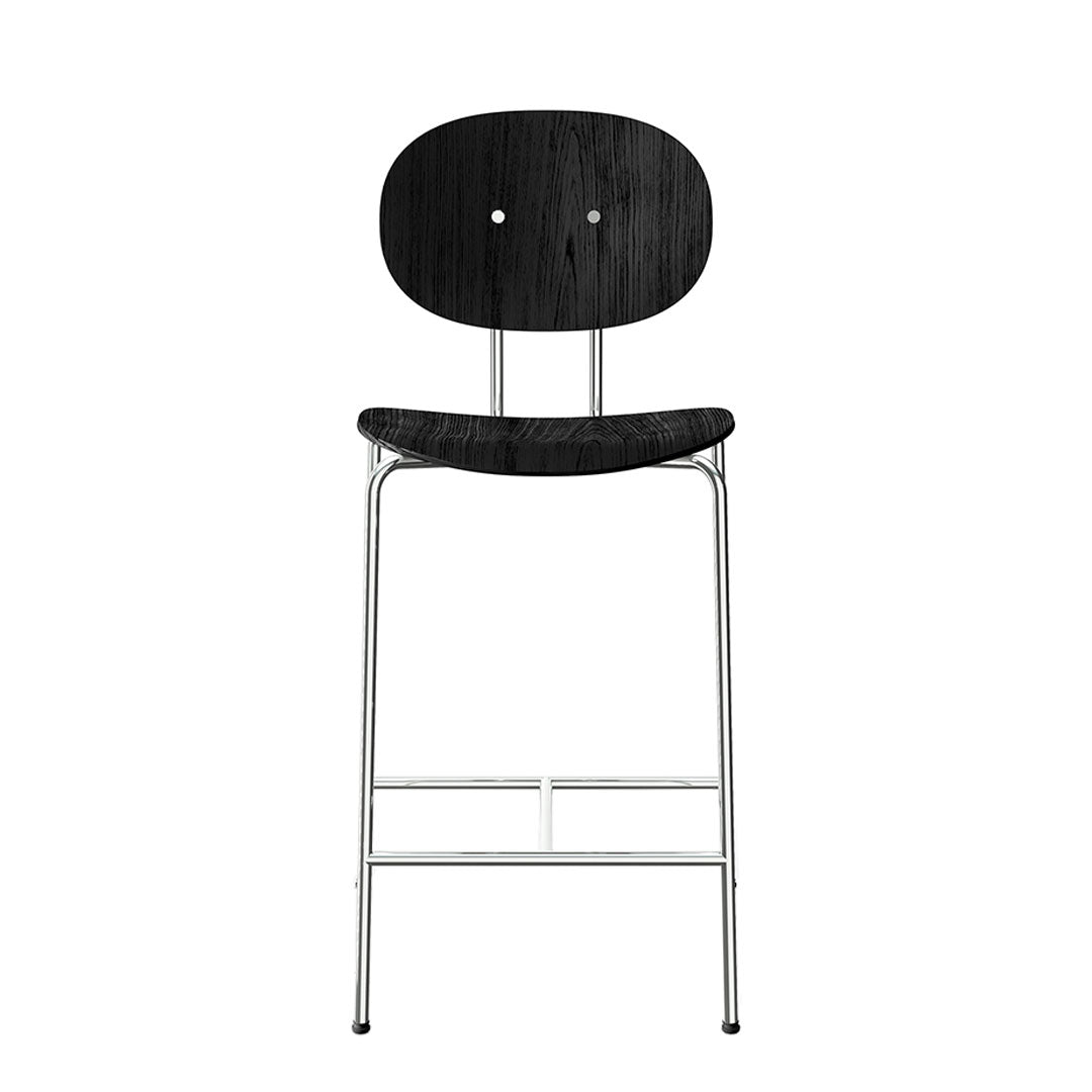 Black wooden bar stool with a sleek chrome frame and minimalist oval patterns. Perfect for modern decor.