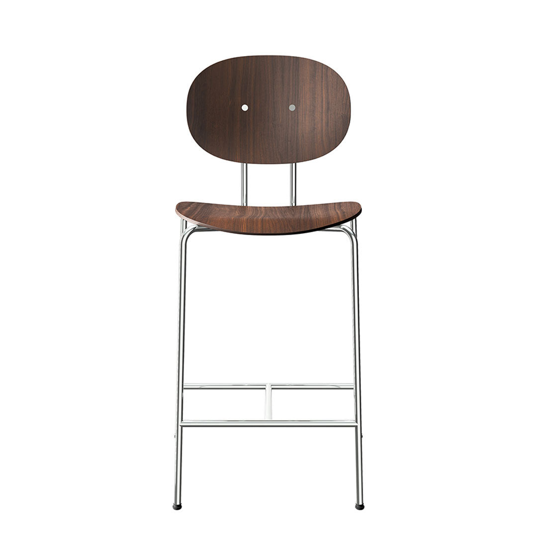 Modern wooden bar stool with a rich walnut finish and sleek chrome legs, featuring a minimalist design.