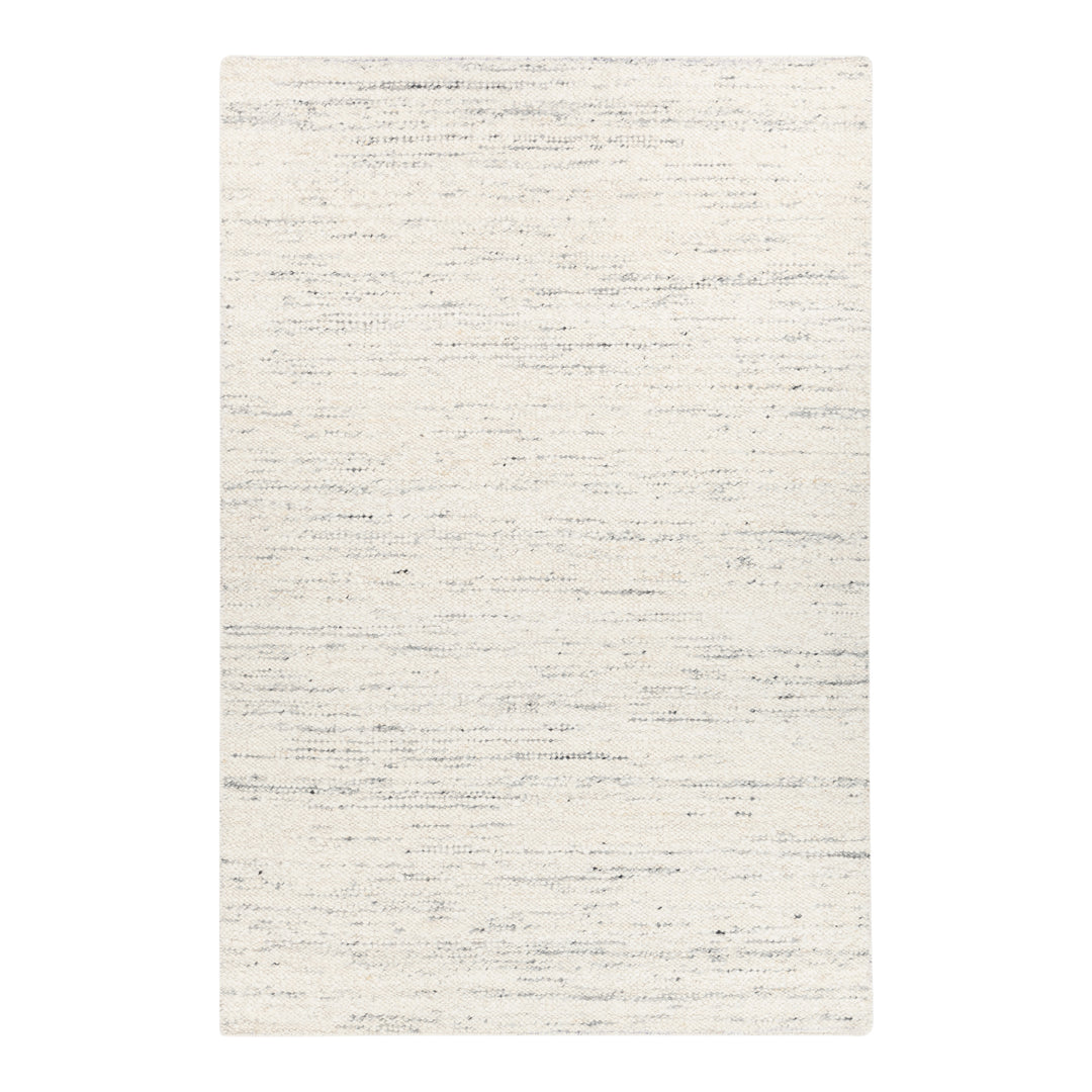 Textured cream rug with subtle gray and light blue streaks, creating a contemporary, neutral pattern.