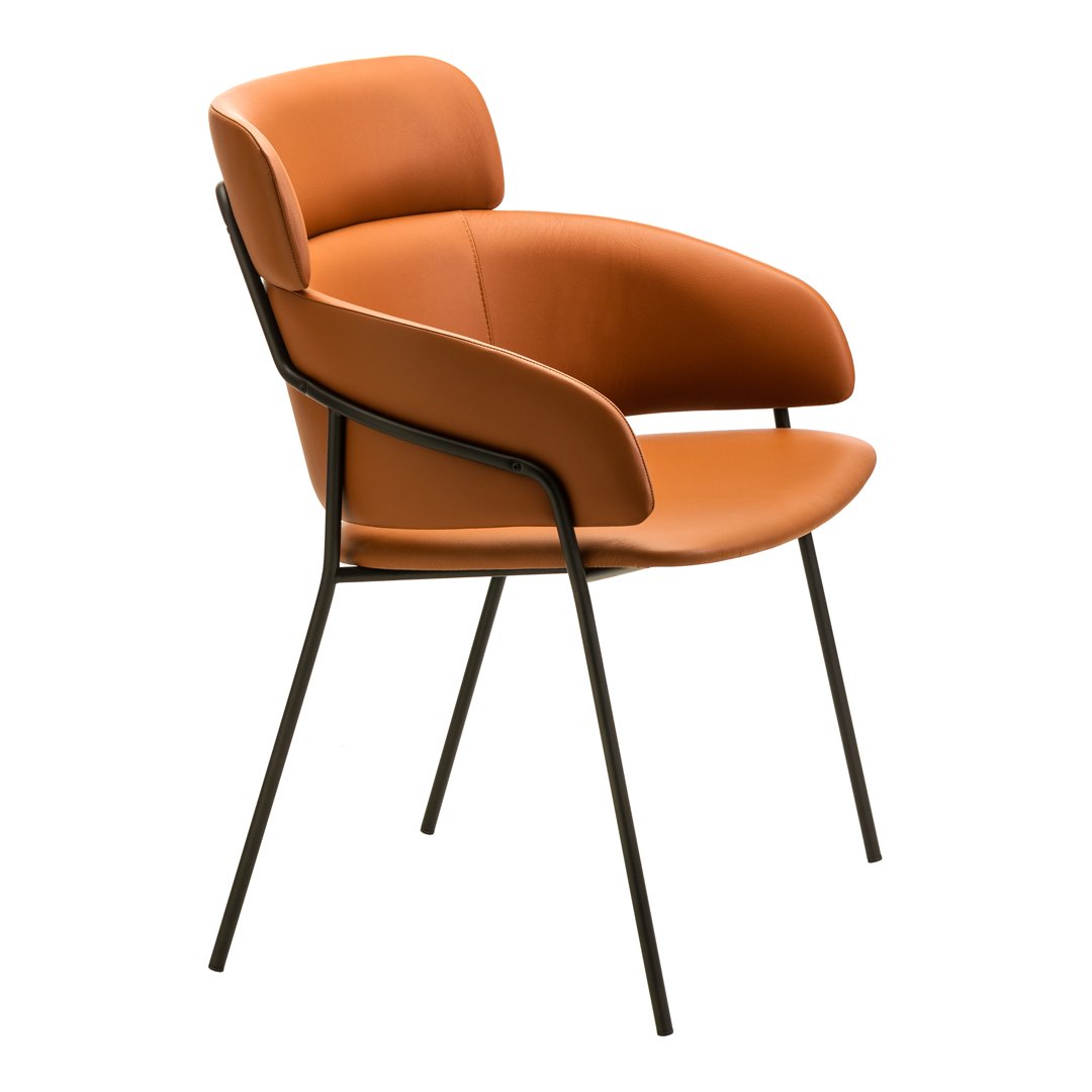 Tan orange armchair with smooth upholstery, featuring a sleek black metal frame. Perfect blend of modern style and comfort.