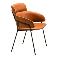 Tan orange armchair with smooth upholstery, featuring a sleek black metal frame. Perfect blend of modern style and comfort.
