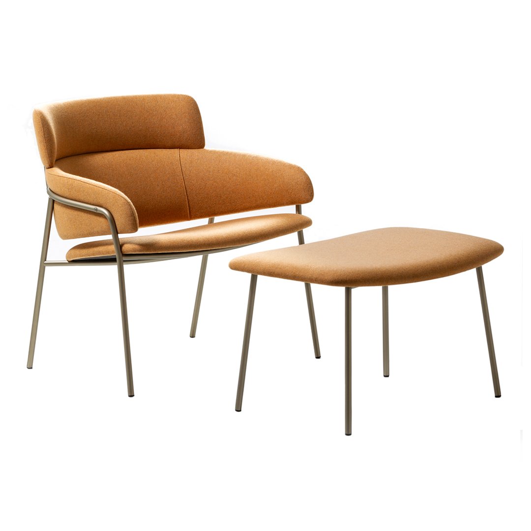 Stylish orange fabric armchair and ottoman with sleek metallic legs, perfect for modern decor.