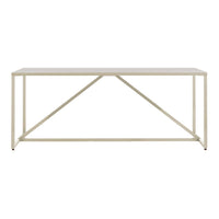 Modern cream console table with a sleek, minimalist design and geometric patterns in the frame. Perfect for contemporary decor.