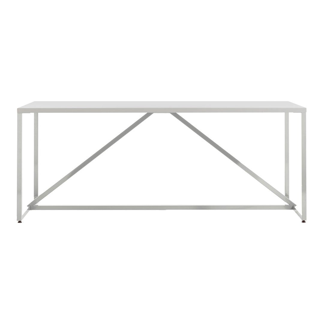 Modern white console table with clean lines and a sleek silver metal frame. Perfect for minimalist decor.