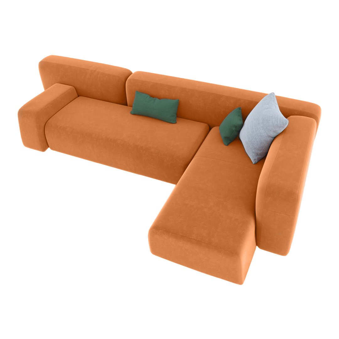 Orange sectional sofa with solid fabric, accompanied by green and light blue accent pillows.