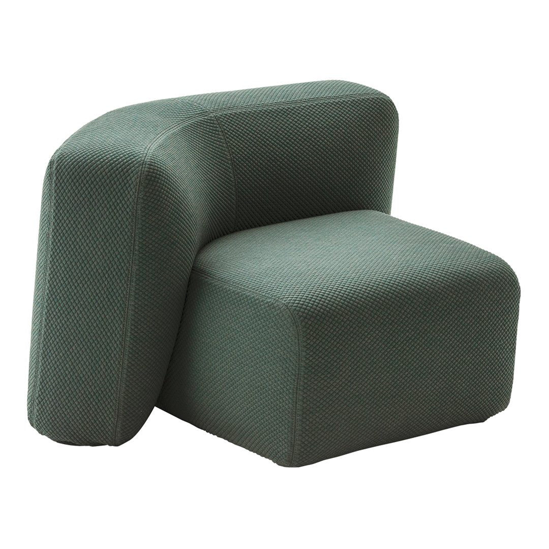 Green textured armchair with a unique geometric shape and contemporary design. Ideal for modern living spaces.