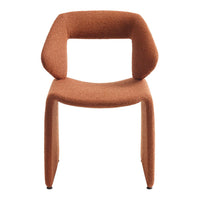 Stylish chair in warm orange hue with soft, textured fabric and modern, minimalist design. Perfect for any decor.