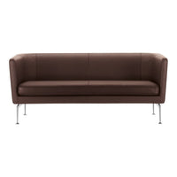 Brown leather sofa with sleek lines and chrome legs, featuring a minimalist design and smooth, solid color.