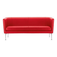 Bright red modern sofa with a sleek design and smooth leather finish, featuring minimalist metal legs.