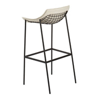 Cream-colored seat with a geometric wire pattern, black metal frame for a modern bar stool design.