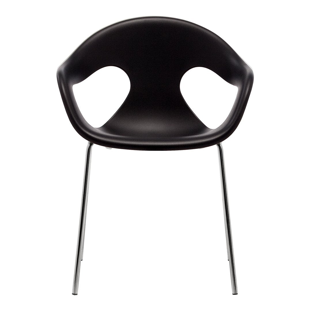 Black modern chair with smooth curves and metal legs, featuring a minimalist design and sleek, contemporary style.