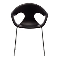 Black modern chair with smooth curves and metal legs, featuring a minimalist design and sleek, contemporary style.